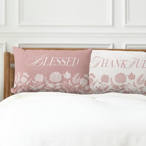 Thankful  Blessed Fall Foliage  Flowers Pink Lumbar Pillow