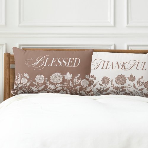 Thankful  Blessed Fall Foliage  Flowers taupe Lumbar Pillow