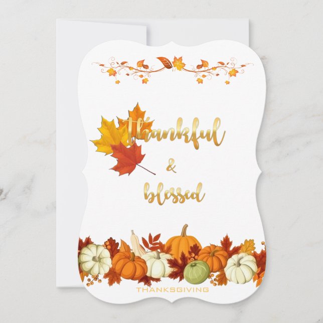 Thankful, Blessed Golden Script Thanksgiving Photo Holiday Card (Front)