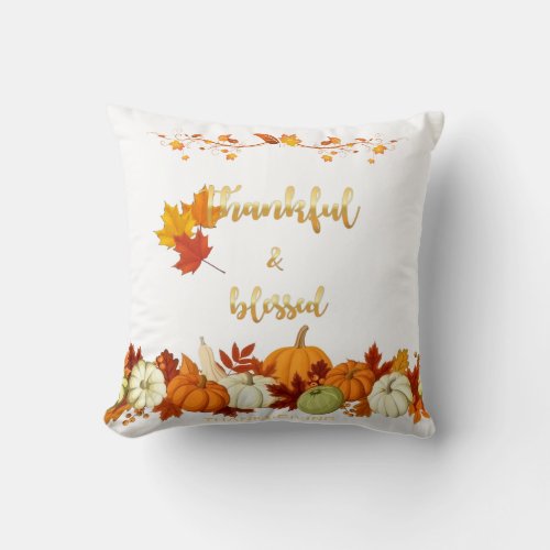 Thankful Blessed Golden Script Thanksgiving Photo Throw Pillow