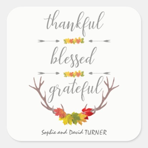 Thankful Blessed Grateful Fall Antler Thanksgiving Square Sticker