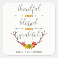 Thankful Blessed Grateful Fall Antler Thanksgiving Square Sticker