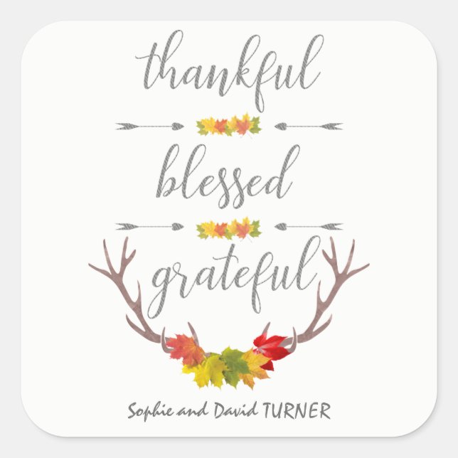 Thankful Blessed Grateful Fall Antler Thanksgiving Square Sticker (Front)