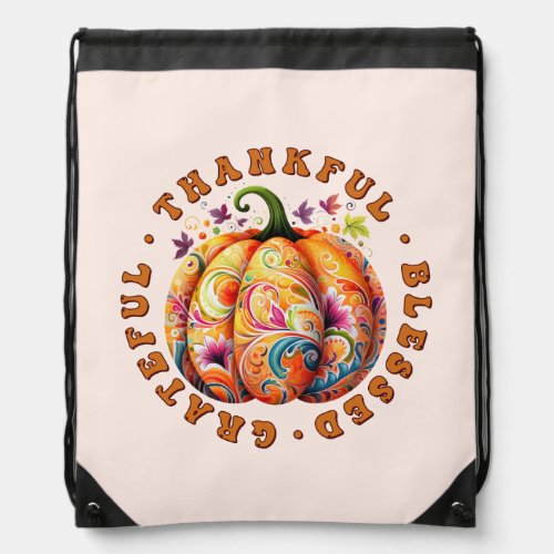 Thankful Blessed Grateful Floral Pumpkin Drawstring Bag