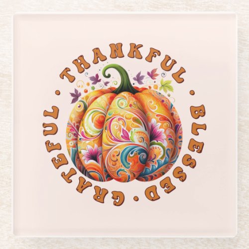 Thankful Blessed Grateful Floral Pumpkin Glass Coaster