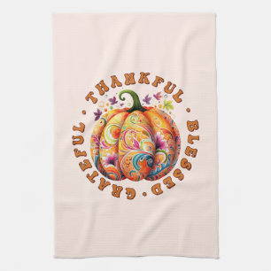 Thankful, Blessed, Grateful Floral Pumpkin Kitchen Towel
