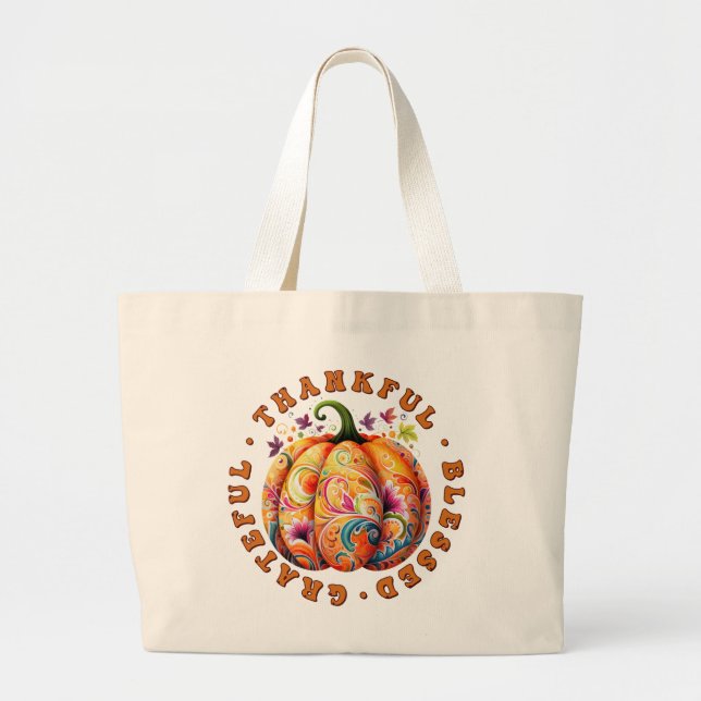 Thankful, Blessed, Grateful Floral Pumpkin Large Tote Bag (Front)