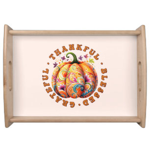 Thankful, Blessed, Grateful Floral Pumpkin Serving Tray