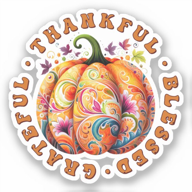 Thankful, Blessed, Grateful Floral Pumpkin Sticker (Front)