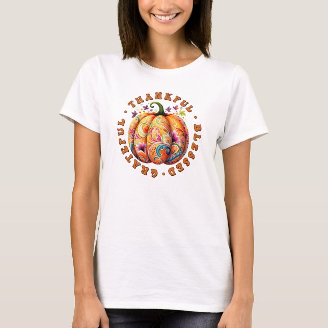 Thankful, Blessed, Grateful Floral Pumpkin T-Shirt (Front)