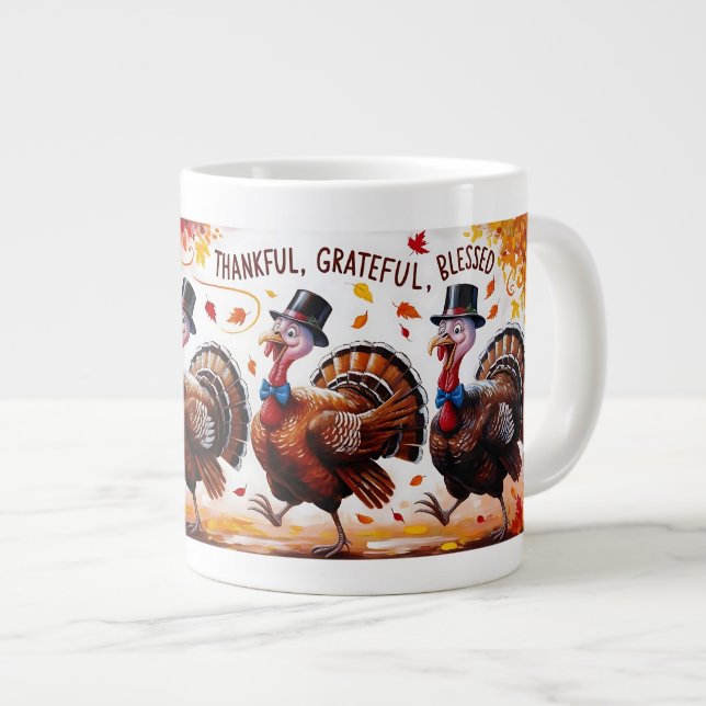 Thankful Blessed Grateful Happy Thanksgiving Giant Coffee Mug (Front Right)