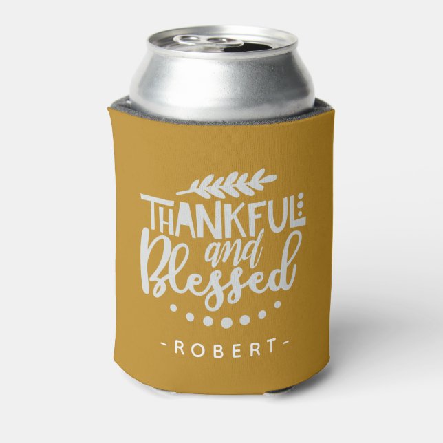 Thankful & Blessed Personalized Name Thanksgiving Can Cooler (Can Back)