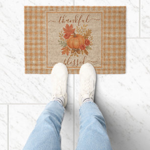 Thankful & Blessed Pumpkin Fall Thanksgiving Fiber Doormat