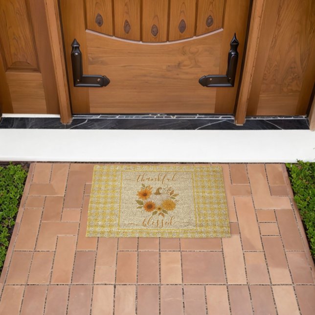 Thankful & Blessed Pumpkin | Fall Thanksgiving  Fiber Doormat (Insitu (Outdoor))