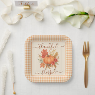 Thankful & Blessed Pumpkin Fall Thanksgiving Paper Plates