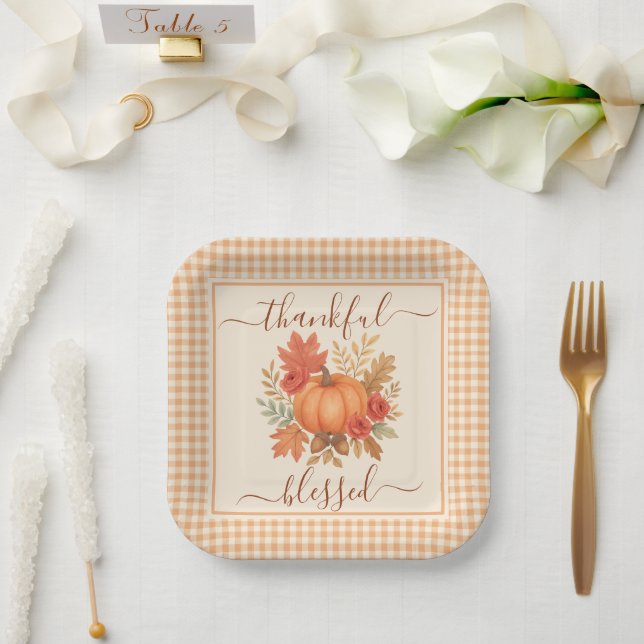 Thankful & Blessed Pumpkin | Fall Thanksgiving  Paper Plates (Wedding)