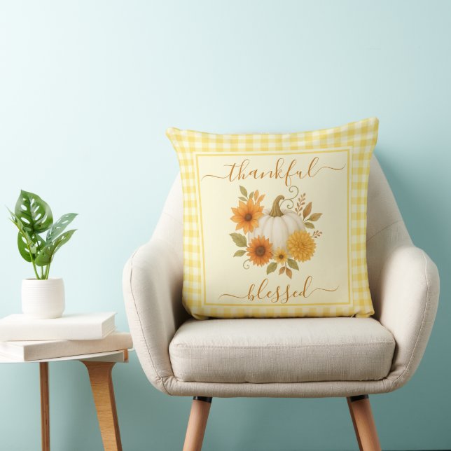 Thankful & Blessed Pumpkin | Fall Thanksgiving  Throw Pillow (Chair)
