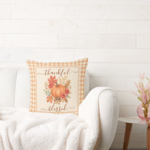 Thankful & Blessed Pumpkin Fall Thanksgiving Throw Pillow
