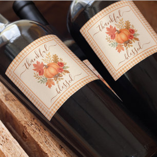 Thankful & Blessed Pumpkin Fall Thanksgiving Wine Label