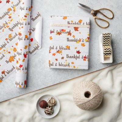 Thankful &amp; Blessed Text With Autumn Leaves Wrapping Paper
