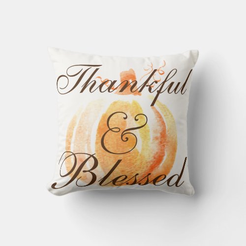 Thankful  Blessed Watercolor Pumpkin Polka Dots Throw Pillow