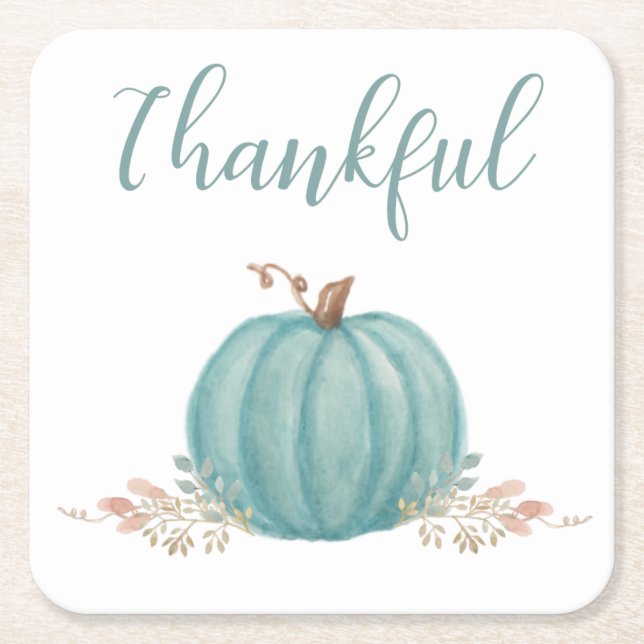 "Thankful" Blue Pumpkin Square Paper Coaster (Front)