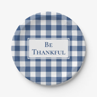 Thankful Blue White Gingham Plaid Thanksgiving Paper Plates