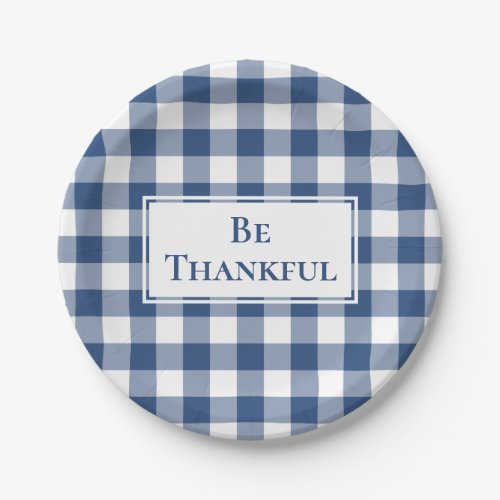 Thankful Blue White Gingham Plaid Thanksgiving Paper Plates