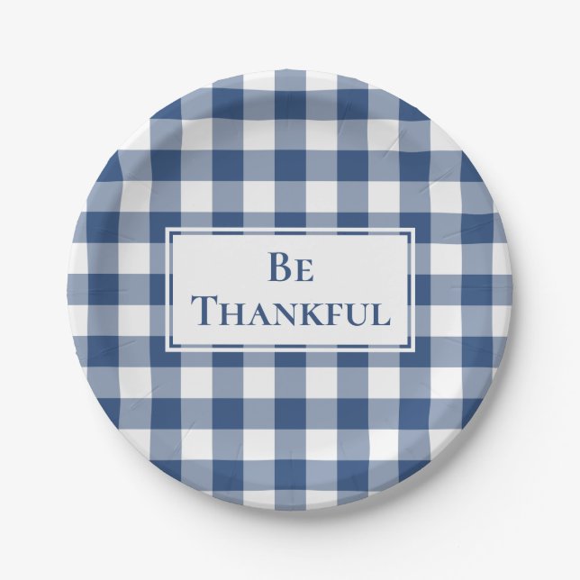 Thankful Blue White Gingham Plaid Thanksgiving Paper Plates (Front)