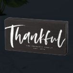 Thankful brush script black and white wooden box sign<br><div class="desc">Designed to coordinate with the Lea Delaveris Design Thankful collection, this Thanksgiving decor item features a modern brush script "thankful" against a black background. There is a spot for custom text that can include a family name and established date or anything you'd like to say. The chic black and white...</div>