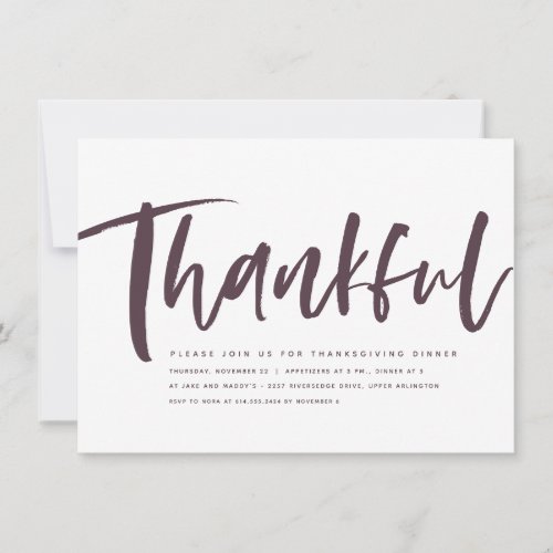 Thankful brush script plum Thanksgiving invitation