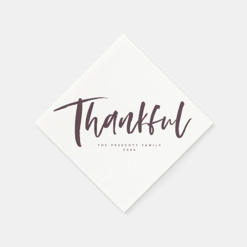 Thankful brush script purple Thanksgiving Napkins