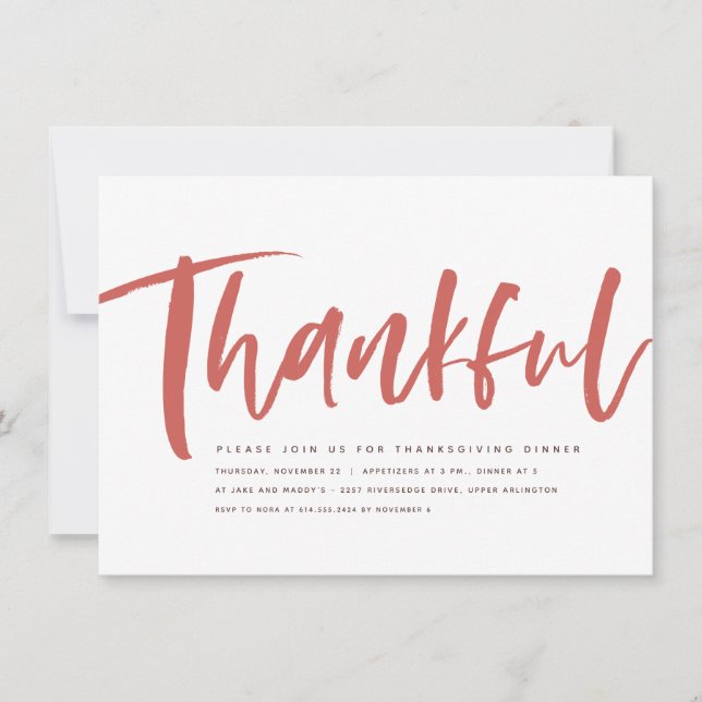 Thankful brush script Thanksgiving invitation (Front)