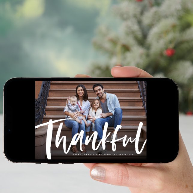 Thankful brush script Thanksgiving photo card (Front Digital)