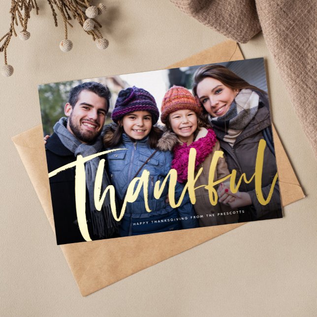 Thankful brush script Thanksgiving photo Foil Holiday Card (Creator Uploaded)