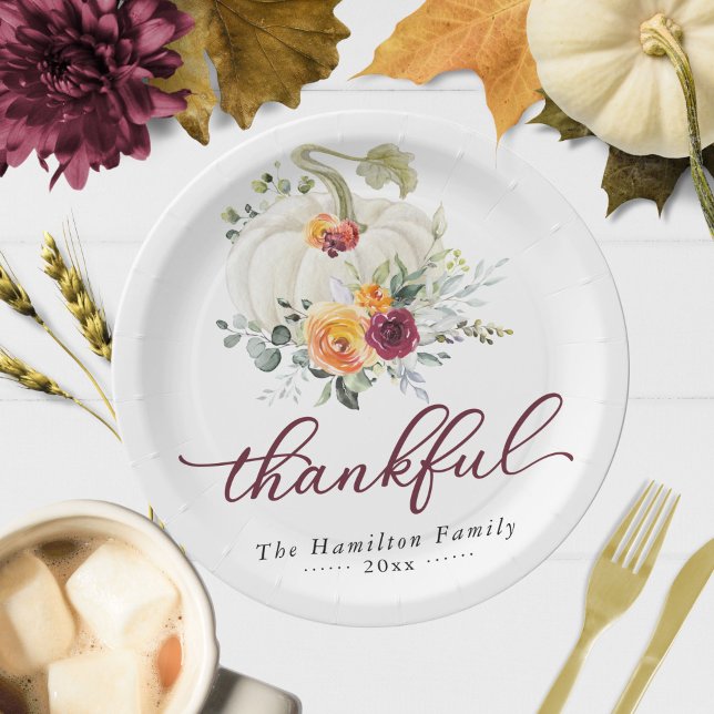 Thankful Burgundy Floral Pumpkin Thanksgiving Paper Plates (Creator Uploaded)