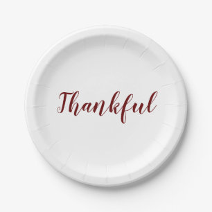 Thankful burgundy maroon white script thanksgiving paper plates