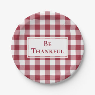 Thankful Burgundy White Gingham Plaid Thanksgiving Paper Plates