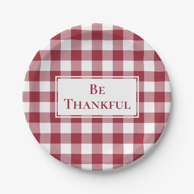 Thankful Burgundy White Gingham Plaid Thanksgiving Paper Plates (Front)