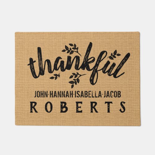 Thankful Burlap Farmhouse Autumn Leaves Custom Doormat