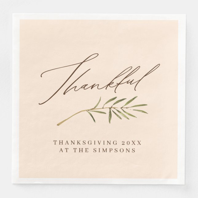 Thankful Calligraphy & Leaves Family Thanksgiving Paper Dinner Napkins (Front)
