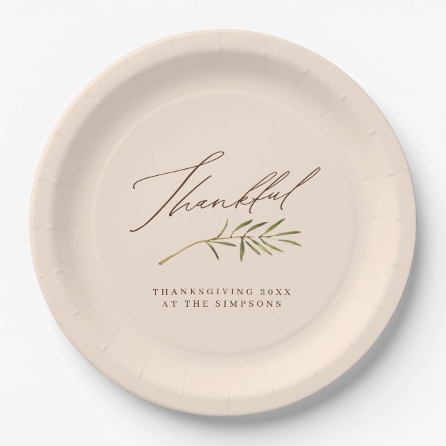 Thankful Calligraphy & Leaves Family Thanksgiving Paper Plates (Front)