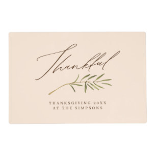 Thankful Calligraphy & Leaves Family Thanksgiving Placemat