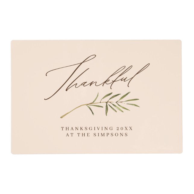 Thankful Calligraphy & Leaves Family Thanksgiving Placemat (Front)