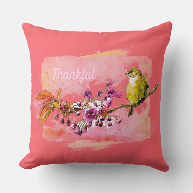 Thankful Cherry Blossoms and Finch Pillow (Front)