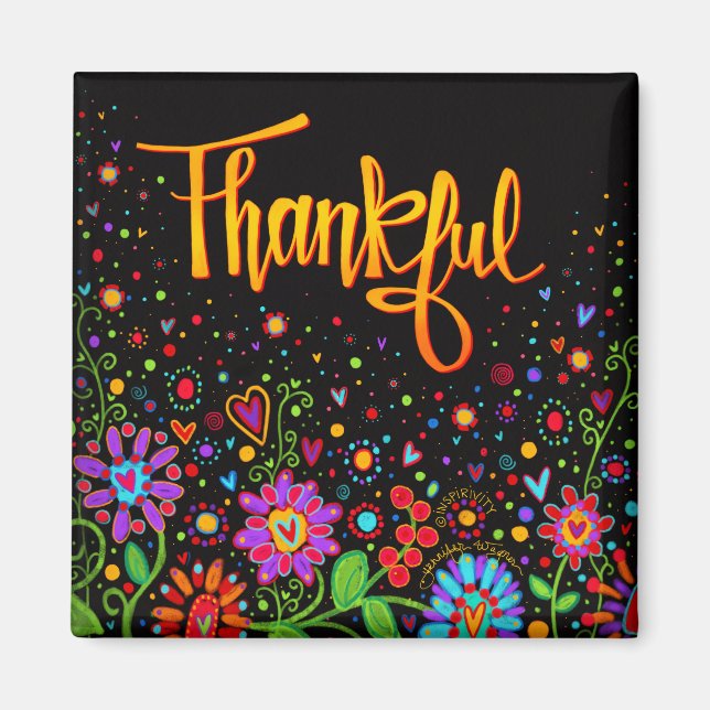 Thankful Colorful Flowers Trendy Inspirational Magnet (Front)
