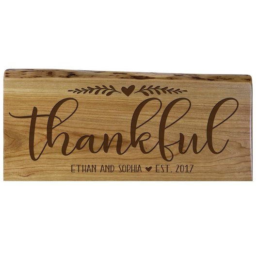 Thankful Couple's Cursive Font Cherry Wood Plaque (Front View)