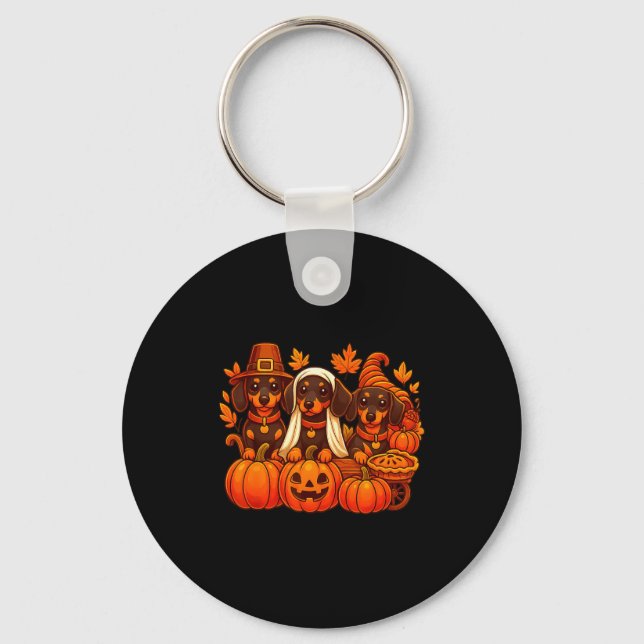 Thankful Dachshund Sausage Dog Thanksgiving Pumpki Keychain (Front)
