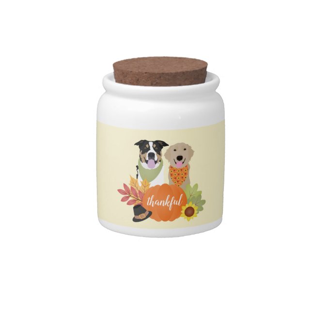Thankful Dogs Thanksgiving Harvest Pumpkins Candy Jar (Front)