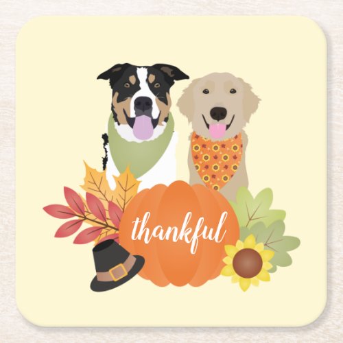 Thankful Dogs Thanksgiving Harvest Pumpkins Square Paper Coaster